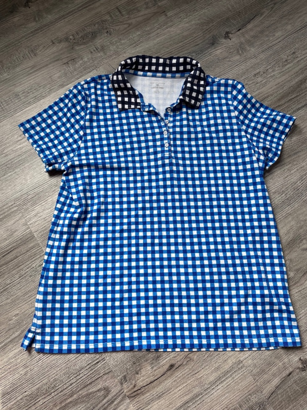 Draper James x Lands' End Gingham Polo Shirt L 14-16 Blue White Preppy
